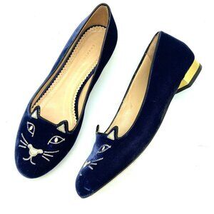Charlotte Olympia Kitty Cat Navy Blue Velvet Flats Loafers Gold, EU 39 US 8.5-9